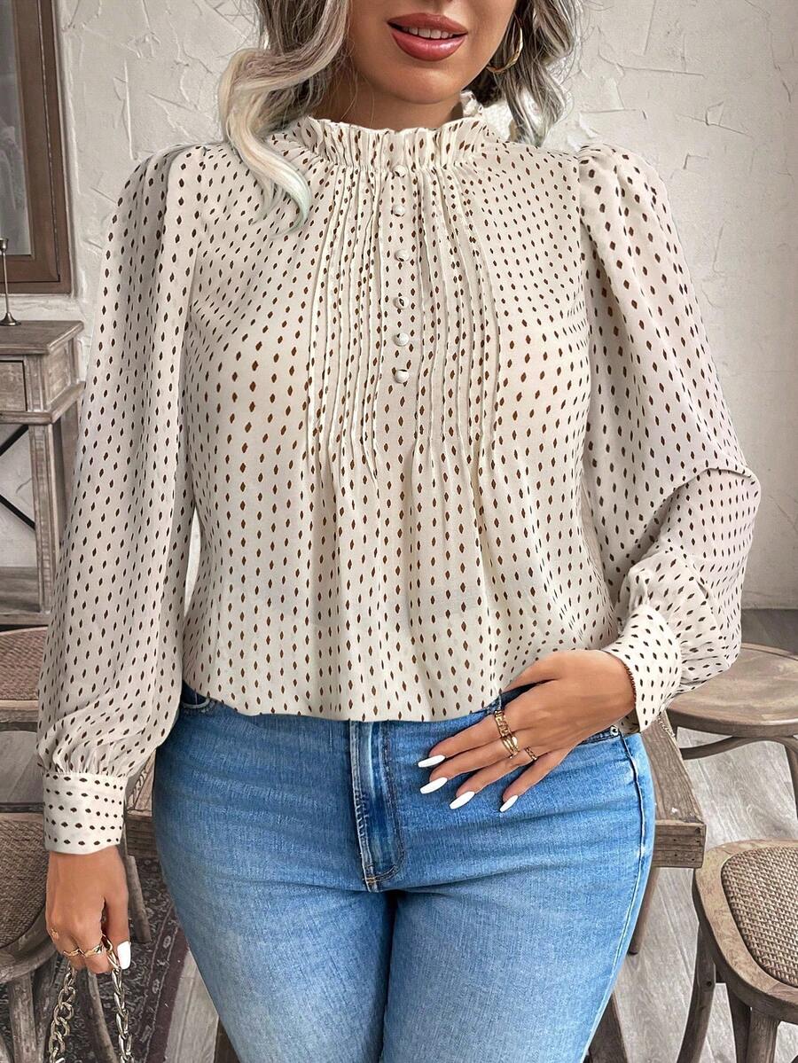 EMERY ROSE Plus Size Women Elegant Floral Print Frill Trim Blouse - Brown - View 1