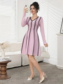 Modelyn Damen elegantes V-Ausschnitt Langarm Schleifenmuster Strickkleid, Herbst - Pink - Übersicht 2