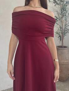 Andrea Bello Women's Elegant Minimalist Refined Romantic Fashion Party Vacation Commute Off Shoulder High Waist A-Line Long Dress, Grey Maxi Dress - Burgundy - View 3