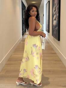 Alexandranx Women Solid Color Casual Spaghetti Strap Backless Floral Print Loose Hawaiian Vacation Sundress, Yellow Butter Yellow Summer Dress For Women,Boho Clothes Women