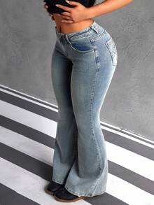 SHEIN PETITE Jeans de talle bajo ajustados con bordado cruzado lavado para mujer - Azul - Ver 3