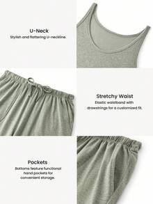 LUVLETTE Women Soft Melange Cotton V-Neck Tank Top And Long Pants Airy Pajama Set Lounge Set With Pockets Lingerie As Outerwear& Pyjamadressing - Green - View 3