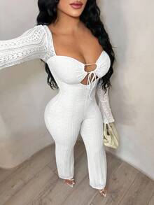 SHEIN SXY 1pc White Sexy Lace Long Sleeve Hollow-Out Jumpsuit,Elegant,Lace,Wedding Guest ,Elegant Dresses For Party,Sexy, Fall Clothes For Women ,White,Going Out,Prom,Chic,New Year - White - View 1