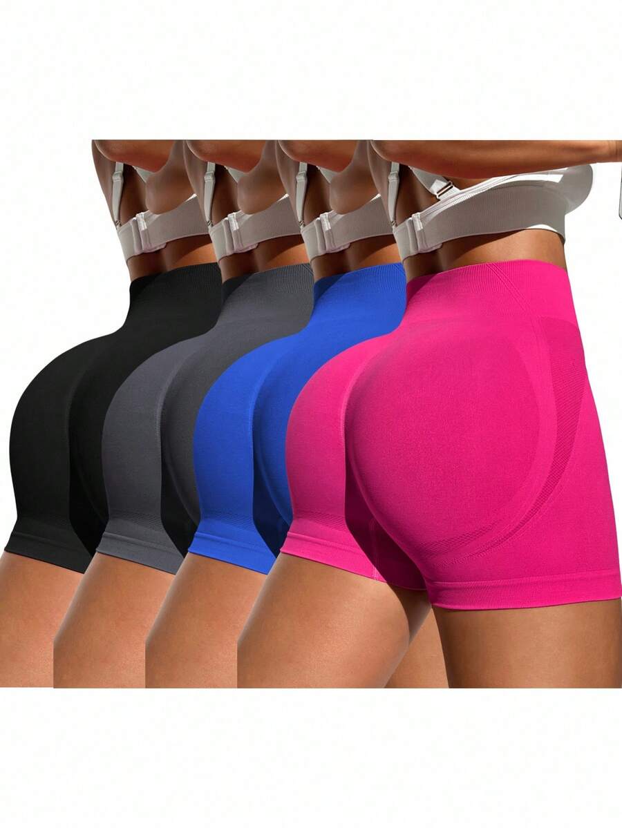 Easithlete Bộ 4 quần short tập yoga cạp cao cho nữ, màu đen, xanh navy, xám đậm, đỏ hồng, quần short thể thao liền mạch thoải mái, quần short tập luyện bó sát, quần short thể thao cạp cao cho nữ, quần short tập gym - Nhiều màu - Xem 1