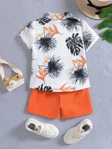 SHEIN Summer,Holiday,Traveler Young Boy Tropical Printed Vacation Leisure Collar Short Sleeves Regular Fit Two-Piece Set For Summer