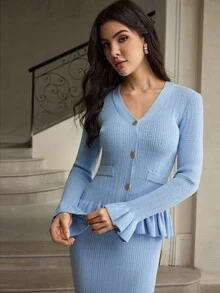 ZEYLAH Bộ đồ len phối hợp cho nữ mùa thu/đông - Màu xanh lam - Xem 5