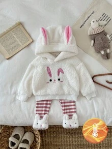 SHEIN 2pcs Baby Girls Rabbit Embroidery Hoodie Sweatshirt With Rabbit Ears And White Fuzzy Trim Red & White Striped Pants Set, Fashionable & Cute Fall Winter - Multicolor - View 7