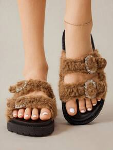 Solecia 女式搭扣设计毛绒厚底复古拖鞋 - 棕色 - 查看 10