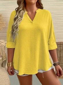 EMERY ROSE Áo sơ mi dài tay cổ chữ V màu trơn cỡ lớn dành cho nữ - Màu vàng - Xem 1