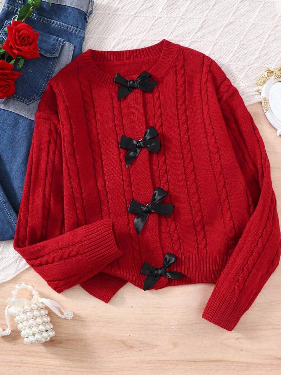 SHEIN Tween Girl Red And Black Ribbon Bow Decor Retro Textured Cardigan,Autumn Casual School Back-To-School Round Neck Loose Long Sleeve Sweater For Kids - Burgundy - View 1