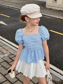 青少年女孩休闲泡泡袖蝴蝶结衬衫 - 藍色 - 查看 1