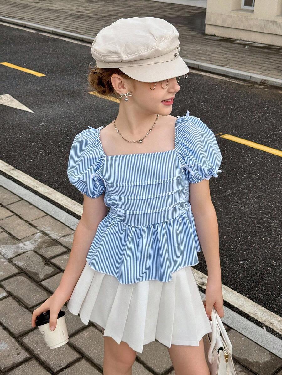 青少年女孩休闲泡泡袖蝴蝶结衬衫 - 藍色 - 查看 1