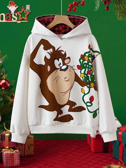 LOONEY TUNES X SHEIN Sudadera con capucha casual de Navidad para niño preadolescente, con estampado divertido y lindo de dibujos animados, hombros caídos, suelta y forrada a cuadros
