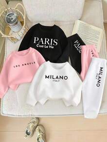 SHEIN Playful Pals 6 pièces/set Sweat-shirt et pantalon de survêtement imprimé lettres pour bébés filles, mode décontractée noir blanc rose 3 couleurs, ensemble de sweats à capuche et pantalons col rond chauds, tenue de base polyvalente pour l'automne/l'hiver