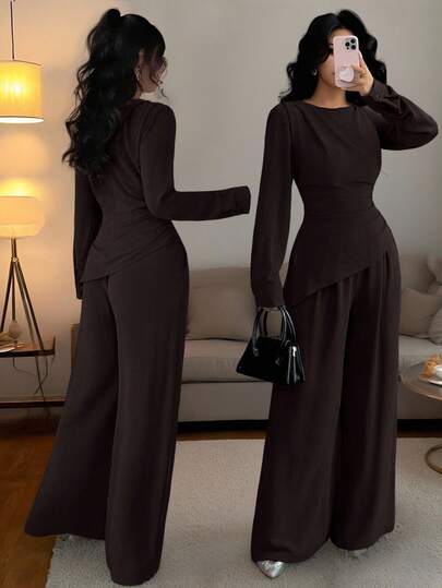 SHEIN Raffinéa 2pcs Women Solid Color Fold Hem Asymmetrical Hem Long Sleeve Set Women Brown Two Pieces Pants Set Long Sleeve Two Pieces Outfit Women Brown Two Pieces Set Women