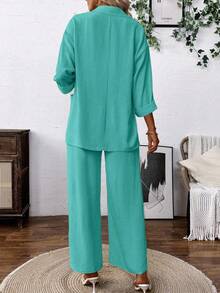 EMERY ROSE Women's Casual Linen-Like Blazer Suit Set - Blue - View 2