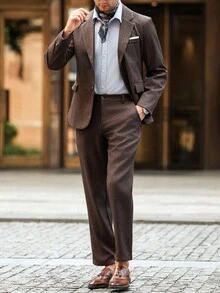 Manfinity Bizformal 男士纯色夹克和裤子西装棕色西装男孩棕色西装棕色西装套装男士棕色西装深棕色西装男士两件套西装男士西装外套和裤子男士办公室装经典男士服装棕色西装外套和裤子 - 咖啡棕 - 查看 3
