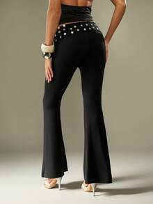 MISSGUIDED Quần ống loe cạp cao có nút bấm dành cho nữ, quần ống loe cạp cao, chất liệu vải co giãn, mặc vào các dịp trang trọng buổi tối - màu đen - Xem 2