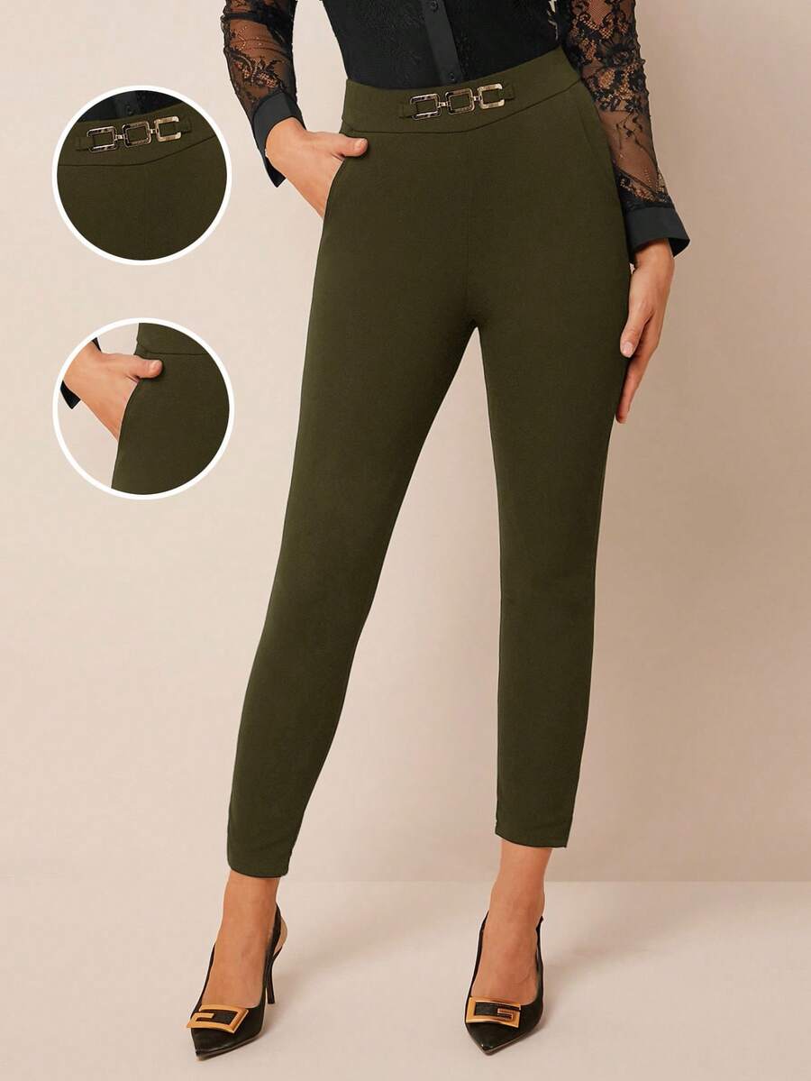 Amorya 女式高腰金属扣细节紧身裤 - 綠色 - 查看 1