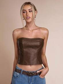 SHEIN BAE Women's Solid Color Fitted Bandeau Top With Boning,Brown Top - Mocha Brown - View 3