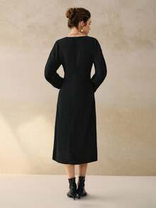 INAWLY Women's Solid Color V-Neck Batwing Sleeve Elegant Mid-Length Dress - Black - View 2