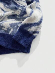 ROMWE MEN Street Life 男士休闲宽松圆领长袖套头毛衣，秋冬 - 藍色 - 查看 4