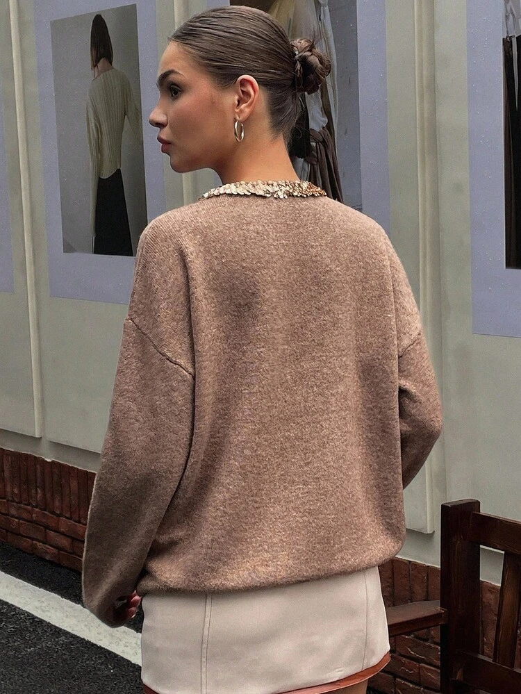 Women's Casual Sequin Patchwork V-Neck Loose Sweater, Autumn