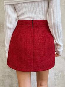 SHEIN Unity Women's Thick Woolen A-Line Skirt, Red, Autumn/Winter - Burgundy - View 3