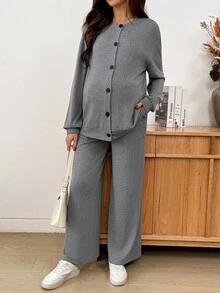 SHEIN Bộ đồ bầu 2 món: Áo khoác dài tay trễ vai màu trơn và quần cạp chun điều chỉnh, trang phục thường ngày cho mùa thu - Xám - Xem 5