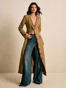 Poéselle Áo khoác dài tay dài cổ bẻ cài nút đơn dành cho nữ mùa thu/đông - màu nâu - Xem 4