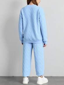 SHEIN 2pcs Girls Casual Slogan Applique Pattern Jacquard Braided Fabric Crew Neck Sweatshirt And Sweatpants Set, Autumn/Winter Fall - Blue - View 2