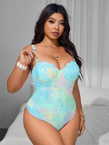 SHEIN Swim Curve 大码女式珍珠串珠交叉肩带衬垫连体泳衣，多色可选，休闲度假风 - 薄荷藍 - 查看 5