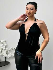 Firerie Damen Große Größen Lässig Elegant Urlaubs Vielseitig Einfach Elastisch Glänzend Chiffon Drapierte Hals Metall Dekor Trägerhemd mit abnehmbaren Ärmeln, Frühling/Sommer/Frühherbst - Schwarz - Übersicht 2
