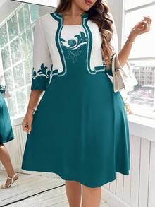 SHEIN Clasi Plus Size Women Floral Print 2 In 1 3/4 Sleeve Elegant Dress