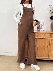 SHEIN Maternity Solid Color Pocket Design Wide Leg Casual Jumpsuit - Brown - View 5