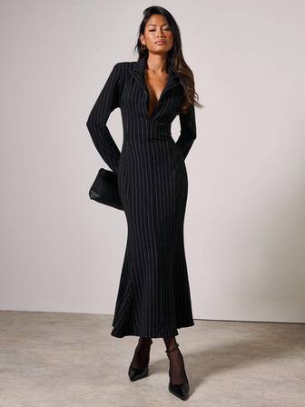 COSMINA Women's Striped Lapel NeckLong Sleeve Fitted Mermaid Hem Elegant Long Sleeve Maxi Dress, Pinstripe Maxi Dress,Wedding Guest Dress Women