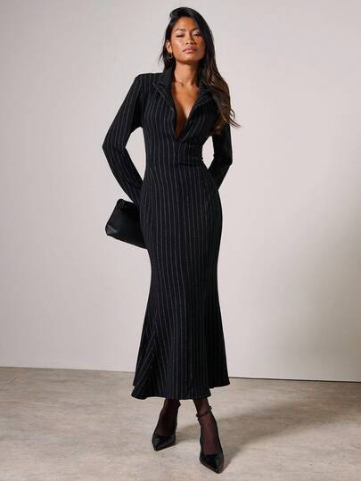 COSMINA Women's Striped Lapel NeckLong Sleeve Fitted Mermaid Hem Elegant Long Sleeve Maxi Dress, Pinstripe Maxi Dress,Wedding Guest Dress Women