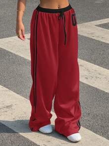 SHEIN EZwear 大码女式抽绳腰部数字印花侧条纹阔腿宽松休闲裤 - 紅色 - 查看 6