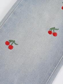 Young Girl Fashion Washed Cherry Embroidery Jeans Fall Winter