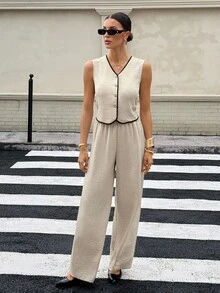 SHEIN Tall 杏色简约优雅休闲通勤办公室服装：无袖女式背心 + 常规褶皱阔腿女式裤、优雅通勤套装、女士沙滩装、女士机场装、度假装、撞色饰边女士教师装 - 杏色 - 查看 3