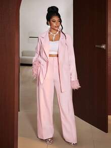 Maweii 大码女式纯色垫肩长袖袖口装饰优雅西装外套+休闲裤两件套，适合优雅外出、通勤、春、秋、冬穿着。 - 粉色 - 查看 4