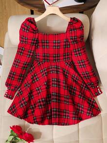 SHEIN Tween Girl Cute Red And White Plaid Dress,Autumn Elegant Puff Sleeve Square Collar Ruffle Hem Flare Dress For Christmas Party,Matching Family,Daily - Red - View 2