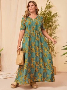 EMERY ROSE Plus Size Ditsy Floral Half Button Dress, Summer,Beach Dress Sundress,Holiday Outfits Boho,Flower/Vacation/Spring - Green - View 3