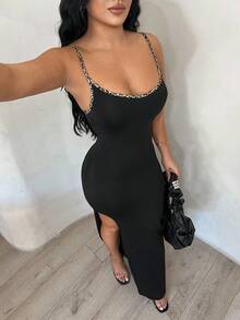 SHEIN SXY Women's Sexy Leopard Print Color Block High Slit Cami Dress, Leopard Trim Dress, Split Thigh Dress, Tight Long Dress, Black Club Dress,Sexy,Club,Party,Going Out,Black Dress,Halloween