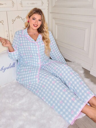 SweetSlumber 加大码可爱蝴蝶结格子泡泡皱睡衣套装，秋季服装