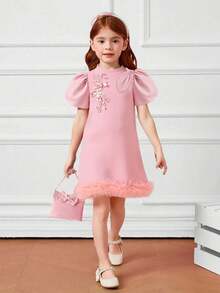 Elladie kids 年轻女孩优雅连衣裙配蝴蝶装饰手提包，泡泡袖大蝴蝶亮片花卉网眼拼接设计连衣裙 - 粉色 - 查看 3