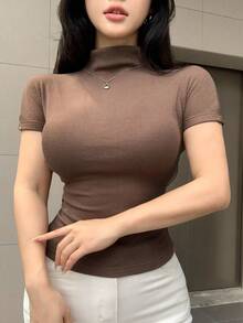 DAZY 女式夏季短袖圆领基本款休闲修身T恤长袖上衣 - 棕色 - 查看 5