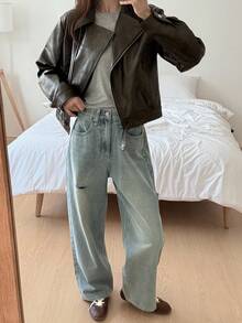 DAZY Áo khoác cardigan dáng rộng ngắn ve áo cho nữ, thiết kế phía trước bất đối xứng, áo khoác da PU thường ngày mùa đông - màu nâu - Xem 6