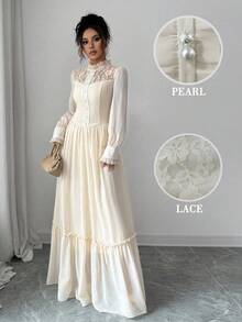 Elenzga Elegante abito romantico con collo alto in pizzo a contrasto, balze sul fondo e vita aderente, decorato con perle casuali - Albicocca - Visualizzare 3