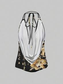 ROMWE Grunge Punk Áo hai dây hở lưng gợi cảm dành cho nữ với họa tiết hổ, lá tre, khẩu hiệu thư pháp - màu đen - Xem 2